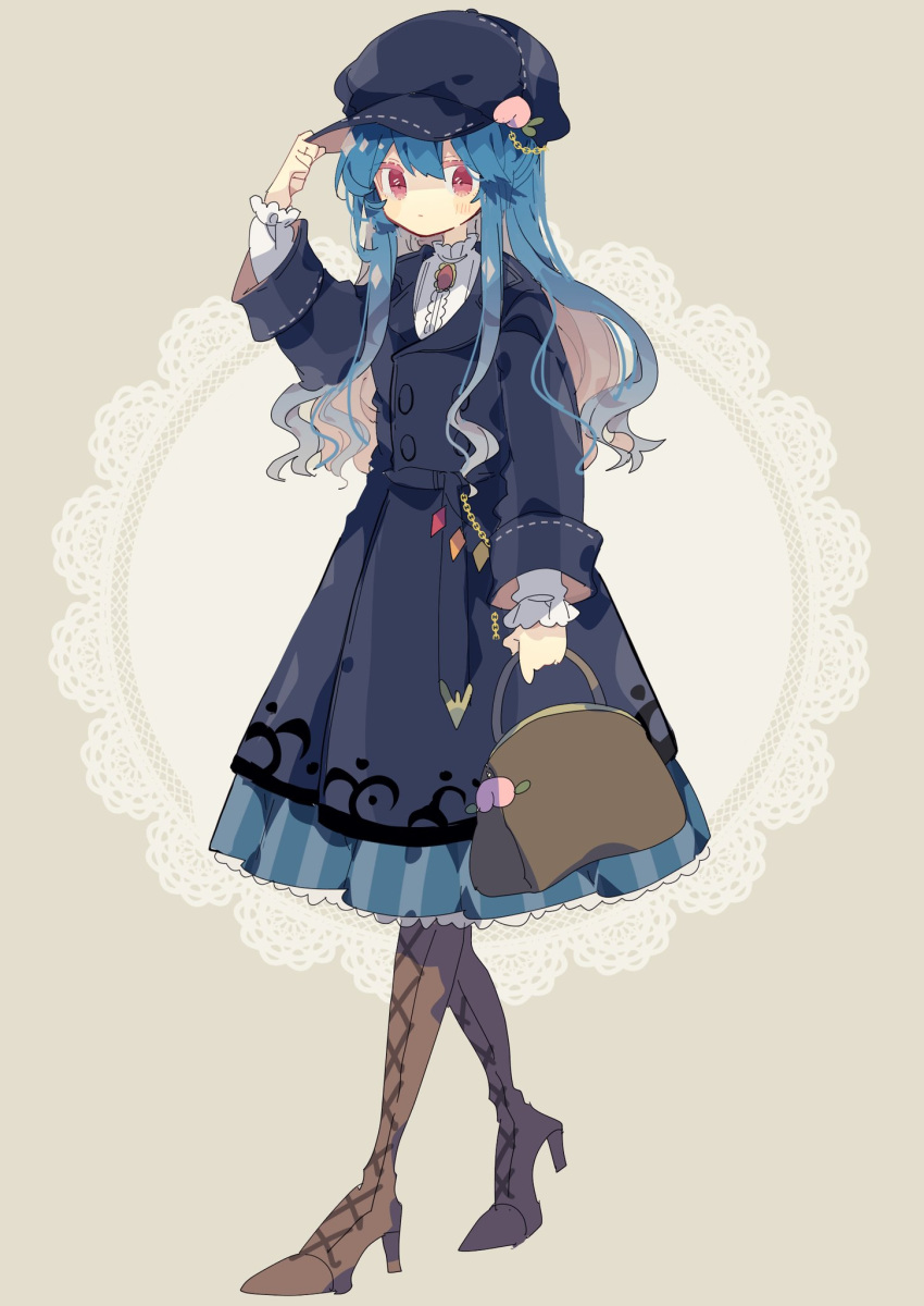 1girl alternate_costume bag bangs blue_coat blue_hair blue_headwear blue_skirt blush boots brooch brown_bag brown_footwear cabbie_hat center_frills chain closed_mouth coat commentary cross-laced_footwear frilled_skirt frilled_sleeves frills full_body hand_on_headwear handbag hat high_heel_boots high_heels highres hinanawi_tenshi jewelry long_hair long_sleeves looking_at_viewer nikorashi-ka peach_hat_ornament red_eyes shirt skirt solo thigh_boots touhou white_shirt
