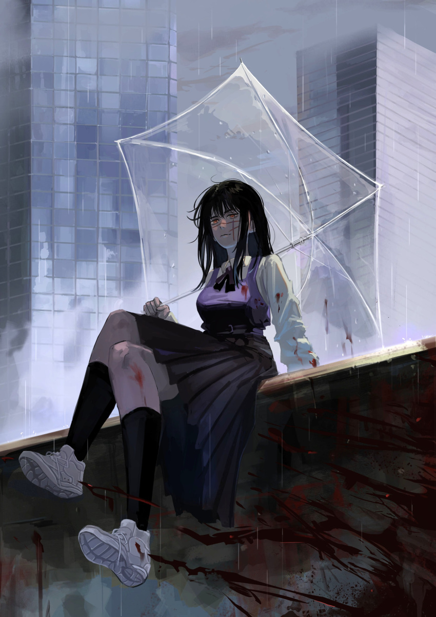 1girl absurdres arm_support black_hair black_skirt black_socks blood blood_on_clothes blood_on_leg blood_on_shoes blood_splatter bonsachoi building chainsaw_man closed_mouth grey_footwear grey_sky highres holding holding_umbrella light_smile long_hair long_skirt orange_eyes outdoors rain ringed_eyes scar scar_on_cheek scar_on_face scar_on_nose shoes skirt smile sneakers socks solo transparent transparent_umbrella umbrella war_devil_(chainsaw_man) water_drop