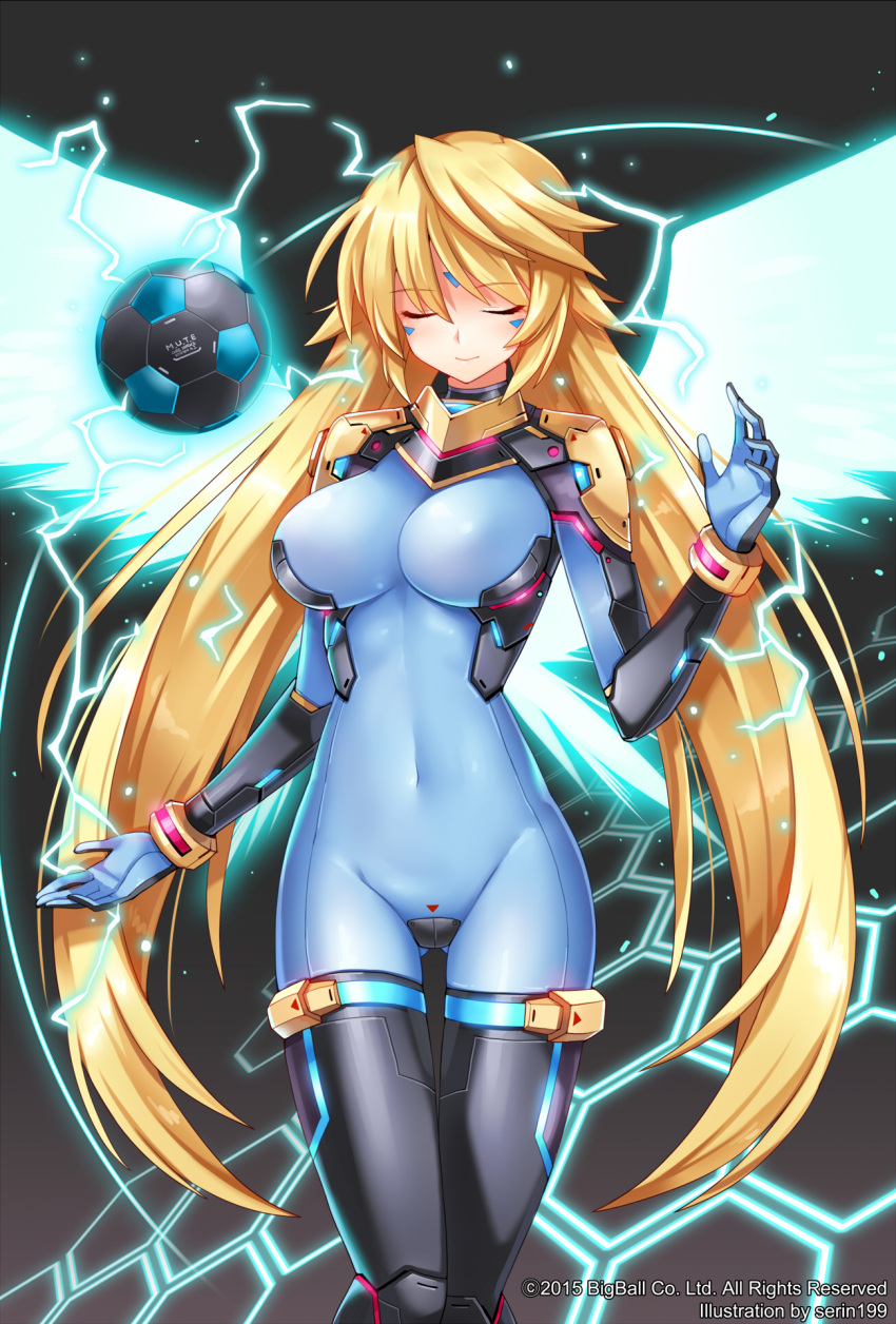 1girl ass_visible_through_thighs ball black_thighhighs blonde_hair blue_bodysuit bodysuit closed_eyes closed_mouth covered_navel electricity floating floating_object hexagon highres long_hair serin199 smile soccer_ball soccer_spirits solo thigh-highs thigh_gap very_long_hair wings