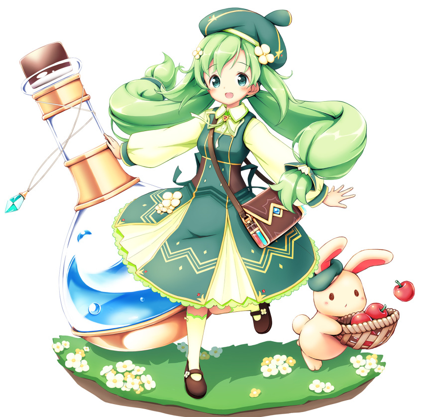 1girl :d aikei_ake animal apron basket beret blush brown_footwear collared_shirt commentary_request dress flask flower full_body green_dress green_eyes green_hair green_headwear green_ribbon green_shirt hair_flower hair_ornament hat highres holding holding_basket long_sleeves looking_at_viewer neck_ribbon original puffy_long_sleeves puffy_sleeves rabbit red_apron ribbon round-bottom_flask shirt shoes simple_background sleeveless sleeveless_dress smile solo standing standing_on_one_leg white_background white_flower