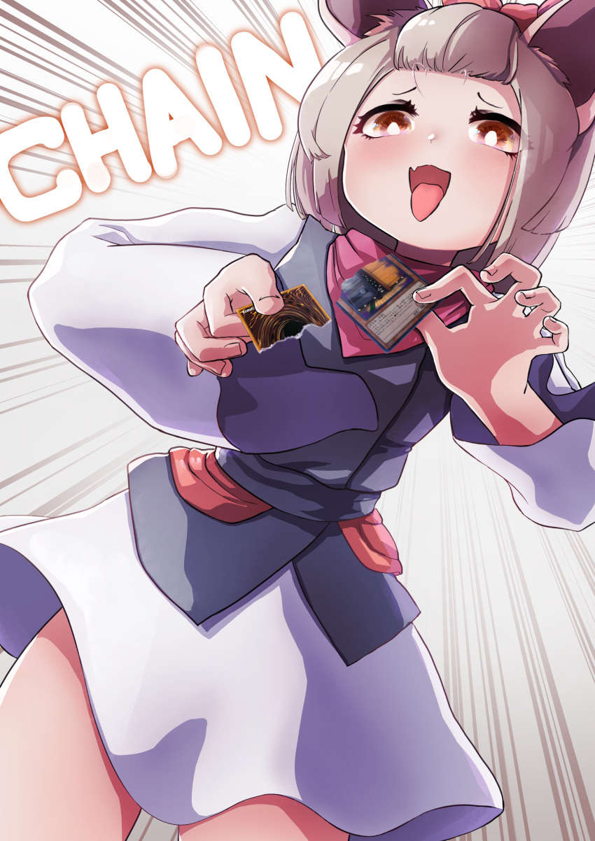 1girl absurdres animal_ear_fluff animal_ears ash_blossom_&amp;_joyous_spring blush bow brown_eyes brown_hair c_civciv card commentary duel_monster emphasis_lines english_text evil_smile fang fingernails forehead gameplay_mechanics gesugao hair_bow highres holding holding_card japanese_clothes kimono long_sleeves looking_at_viewer maxx_c open_mouth pink_bow pink_hair ribbon ripping scarf short_hair short_kimono simple_background skin_fang smile solo speech_bubble tearing_paper tongue tongue_out trading_card yu-gi-oh!