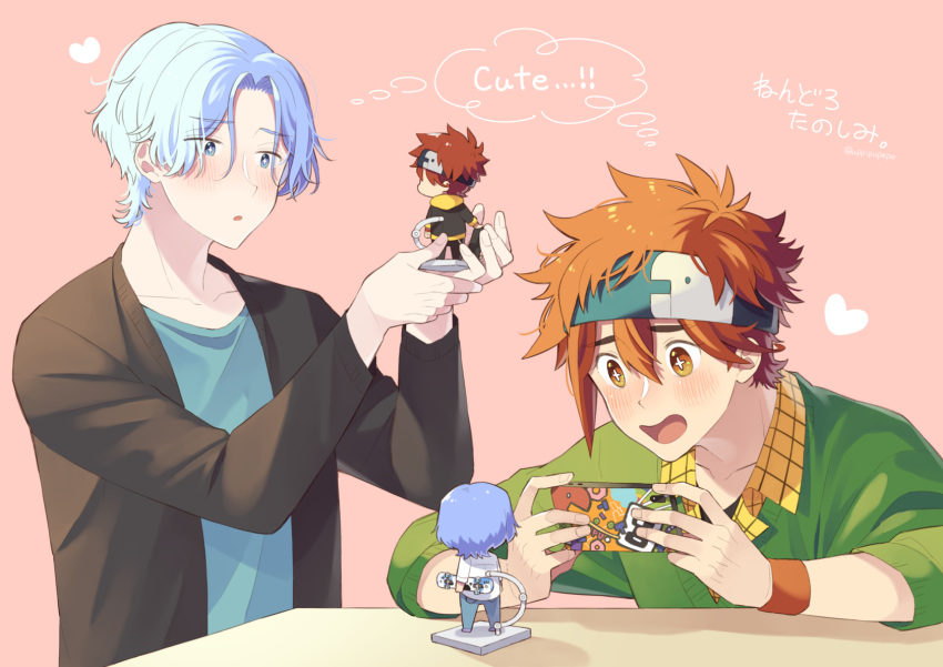 +_+ :o black_jacket blue_eyes blue_hair blue_shirt blush cellphone green_shirt hasegawa_langa headband highres holding jacket kyan_reki male_focus model multicolored_hair open_mouth orange_eyes orange_hair phone shirt short_hair sk8_the_infinity smartphone smile streaked_hair uppi wristband