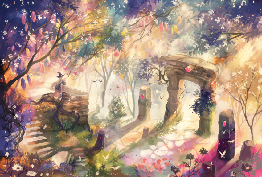 1girl arborlune bird brown_hair bug butterfly day dress fantasy flower forest grass hat light_particles light_rays long_hair nature original outdoors scenery solo stairs stone stone_torii sunlight torii tree witch_hat