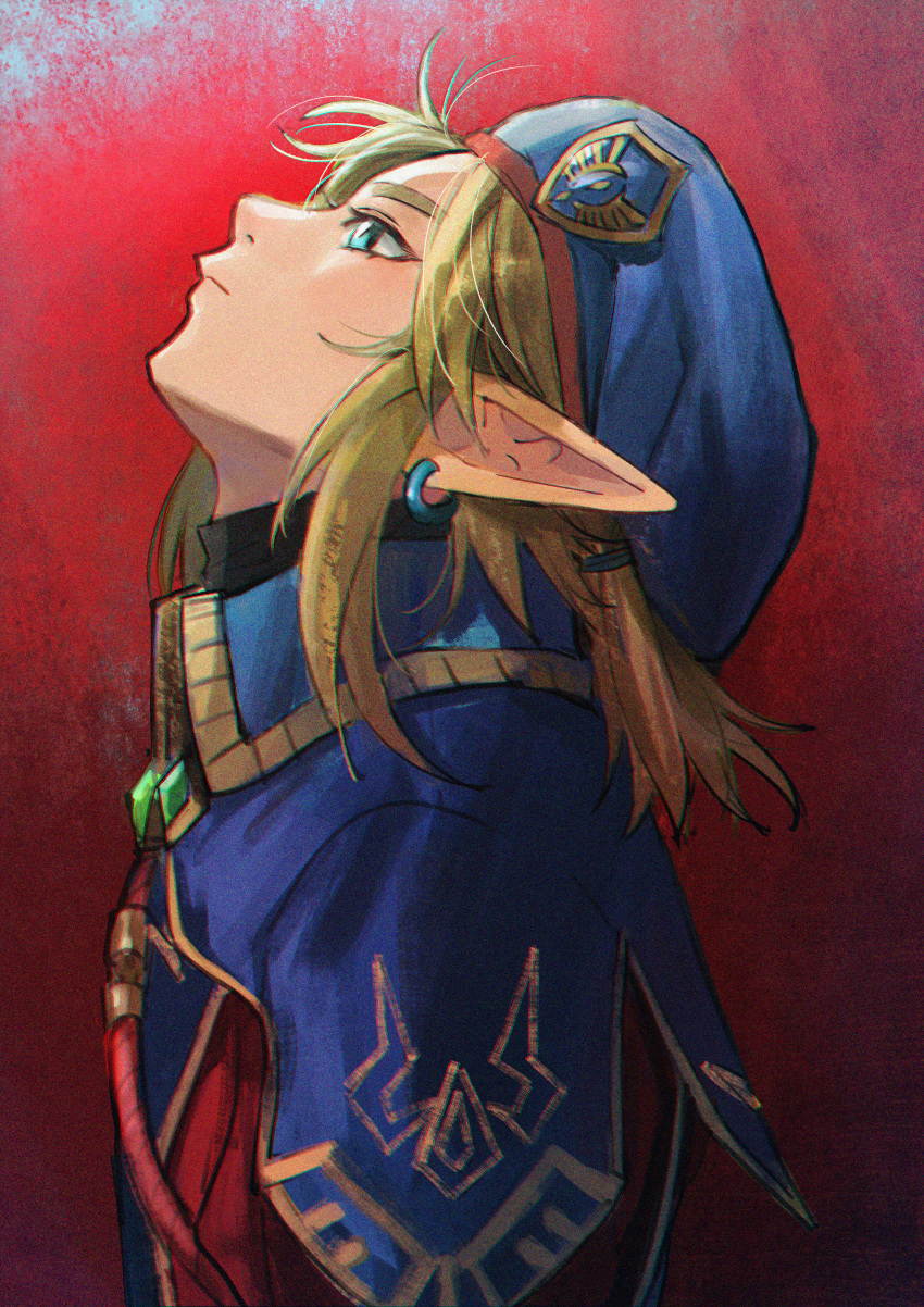 1boy absurdres bangs beret blonde_hair blue_eyes blue_headwear blue_jacket earrings facing_up hat highres jacket jewelry link looking_up low_ponytail male_focus medium_hair military military_uniform parted_bangs pointy_ears red_background short_ponytail sidelocks solo the_legend_of_zelda the_legend_of_zelda:_breath_of_the_wild uniform upper_body yurian_(user_utch8788)