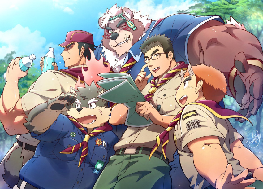 5boys aizen_(housamo) animal_ears bear_boy bear_ears belt black_hair blue_sky blurry blurry_background bottle breast_pocket brown-framed_eyewear brown_eyes brown_fur brown_hair check_commentary chest_hair collared_shirt commentary_request daihukudokoro dog_boy dog_ears dog_tail facepaint fangs fangs_out forked_eyebrows from_side furry furry_male glasses green_eyes green_pants hand_up hands_up holding holding_bottle holding_map horns kagutsuchi_(housamo) kimun_kamui looking_afar looking_at_another male_focus map mole mole_under_eye moritaka_(housamo) multiple_boys muscular muscular_male neckerchief open_mouth orange_hair outstretched_arm pants plump pocket rimless_eyewear scar scar_on_face scar_on_mouth scout_uniform shiro_(housamo) shirt short_hair sideburns signature sky smile tail thick_eyebrows tokyo_afterschool_summoners upper_body water_bottle white_fur white_hair
