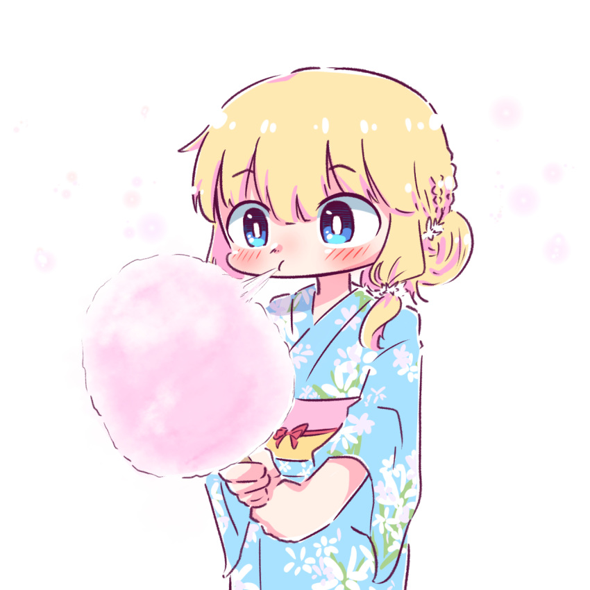 1girl :t alternate_hairstyle assault_lily bangs blonde_hair blue_eyes blue_kimono blush bow bright_pupils closed_mouth cotton_candy eating floral_print flower food food_in_mouth hair_bun hair_flower hair_ornament hair_over_shoulder highres holding holding_food japanese_clothes kimono long_hair long_sleeves looking_at_food looking_at_object obi obijime print_kimono red_bow sash single_hair_bun solo standing tachihara_sayu teisuu upper_body white_background white_flower white_pupils wide_sleeves