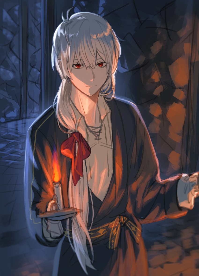 1boy a_mo_mame ahoge bangs black_robe bow candle candlelight candlestand closed_mouth hair_between_eyes hair_bow highres holding holding_candle kuzuha_(nijisanji) light_smile long_hair long_sleeves looking_at_viewer male_focus mole mole_under_eye nijisanji ponytail red_bow red_eyes robe shirt sleeves_past_wrists solo standing stone_wall virtual_youtuber wall white_hair white_shirt