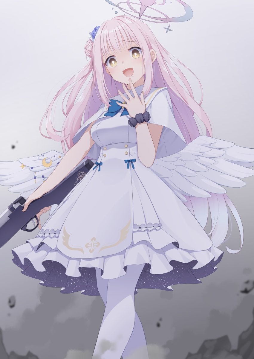 1girl :d absurdres angel_wings bangs black_scrunchie blue_archive blue_bow bow breasts bright_pupils capelet commentary_request crescent dress dust_cloud empty_eyes feathered_wings fingernails flower frilled_dress frills from_below gun hair_bun hair_flower hair_ornament halo hand_up head_tilt highres hino_(2nd_life) holding holding_gun holding_weapon lanchester_smg long_hair looking_at_viewer low_wings medium_breasts mika_(blue_archive) motion_blur pantyhose pink_hair purple_flower rock scrunchie shiny shiny_hair short_dress sidelocks single_hair_bun single_side_bun sleeveless sleeveless_dress smile solo standing submachine_gun trigger_discipline very_long_hair weapon white_capelet white_dress white_pantyhose white_wings wings wrist_scrunchie yellow_eyes