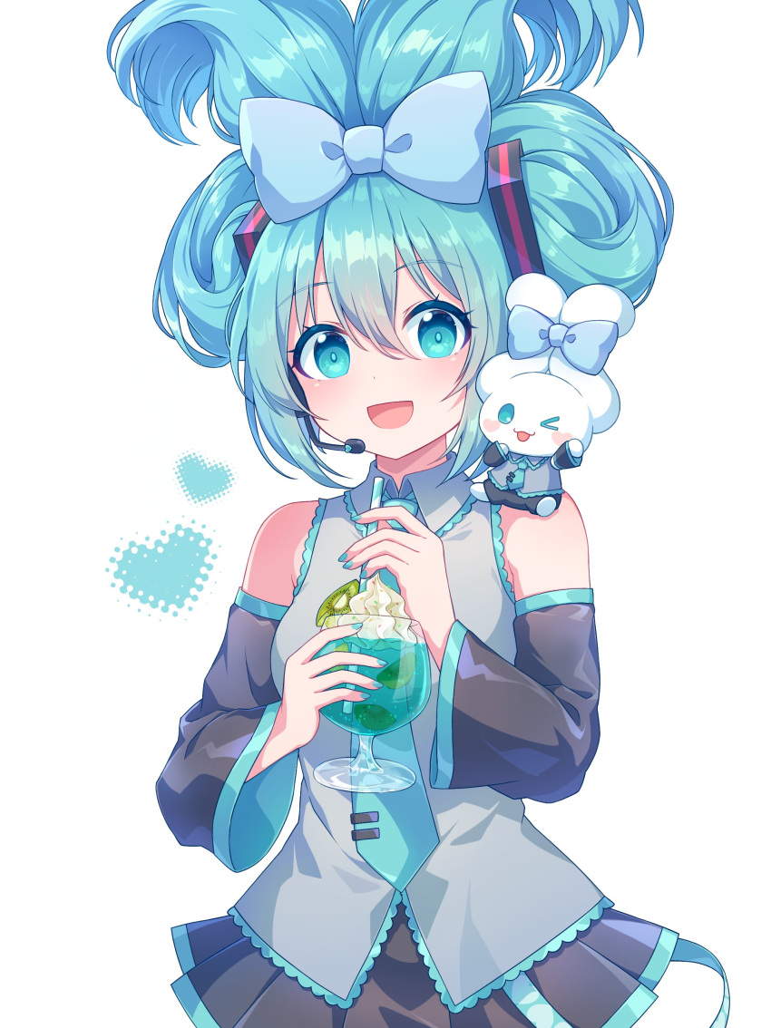 1girl :d absurdres animal animal_on_shoulder aqua_eyes aqua_hair bare_shoulders black_skirt bow cinnamiku cinnamoroll cowboy_shot crossover cup detached_sleeves drinking_straw glass hair_bow hatsune_miku highres holding holding_cup kaoling long_hair looking_at_viewer matching_outfit necktie open_mouth pleated_skirt rabbit sanrio shirt simple_background skirt sleeveless smile tied_ears updo vocaloid white_background