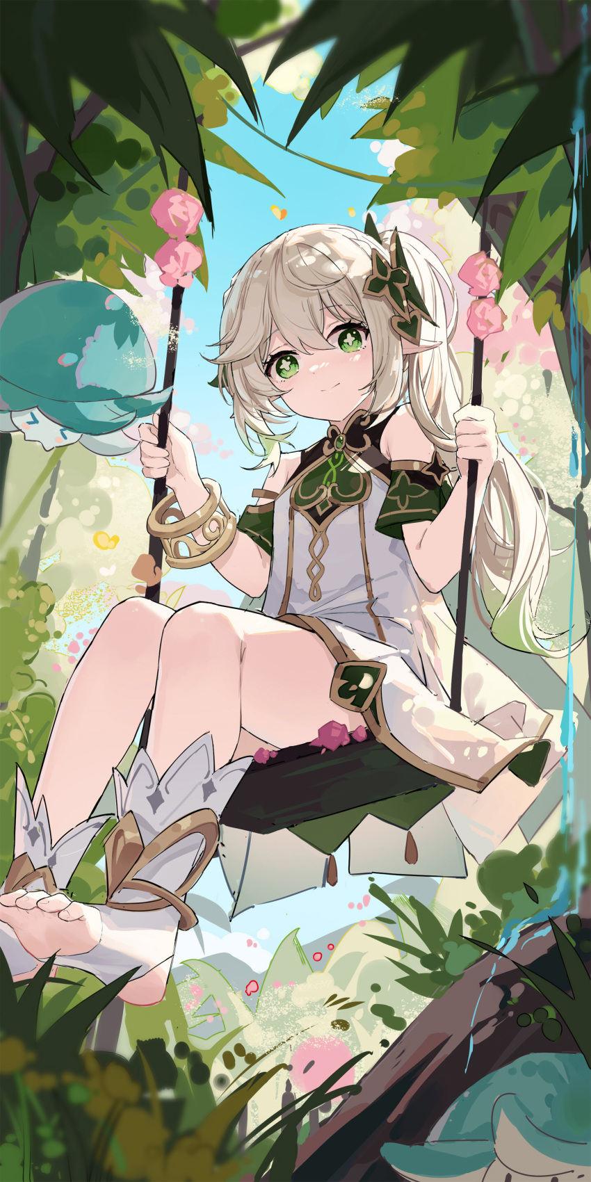 1girl absurdres bangs bare_shoulders book cross-shaped_pupils dress elf feet feet_up from_behind full_body genshin_impact gradient_hair grass green_eyes green_hair hair_between_eyes hair_ornament highres long_hair looking_at_viewer looking_back multicolored_hair nahida_(genshin_impact) no_shoes open_book pointy_ears short_sleeves side_ponytail smile socks solo stirrup_legwear toeless_legwear white_dress white_hair white_socks yajuu