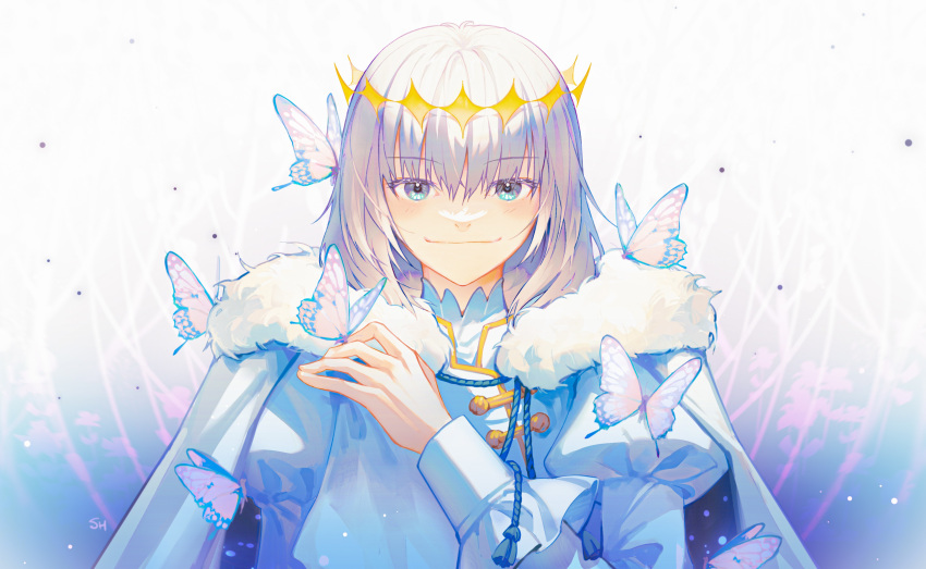 1boy absurdres bangs blue_eyes blush bug cloak closed_mouth crown diamond_hairband fate/grand_order fate_(series) fur-trimmed_cloak fur_collar fur_trim gold_trim grey_hair highres long_sleeves looking_at_viewer male_focus md5_mismatch medium_hair no_wings oberon_(fate) official_alternate_costume puffy_sleeves resolution_mismatch shir_l1 smile solo source_smaller upper_body white_cloak white_hair