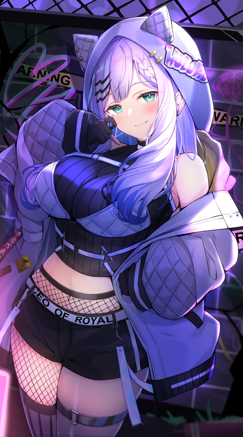 1girl absurdres blue_hair braid breasts colored_inner_hair fishnets french_braid gloves graffiti green_eyes grey_hair haidollo hair_ornament hairclip highres hololive hololive_indonesia hood hood_up hoodie jacket jacket_partially_removed large_breasts long_hair midriff multicolored_hair navel pavolia_reine shirt shorts sleeveless sleeveless_shirt solo thigh_strap virtual_youtuber
