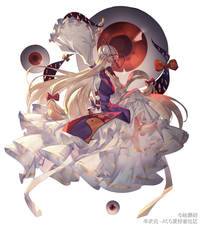 1girl absurdres ankle_bell arm_strap arm_up bangs barefoot blonde_hair bow bracelet commentary_request covered_mouth crossed_legs disembodied_eye dress dress_bow full_body gap_(touhou) geikeshu hair_bow hand_fan hat hat_ribbon highres holding holding_fan jewelry long_hair long_sleeves looking_at_viewer mob_cap purple_tabard red_bow red_eyes red_ribbon ribbon sideways_glance solo touhou violet_eyes watermark white_background white_dress white_headwear wide_sleeves yakumo_yukari