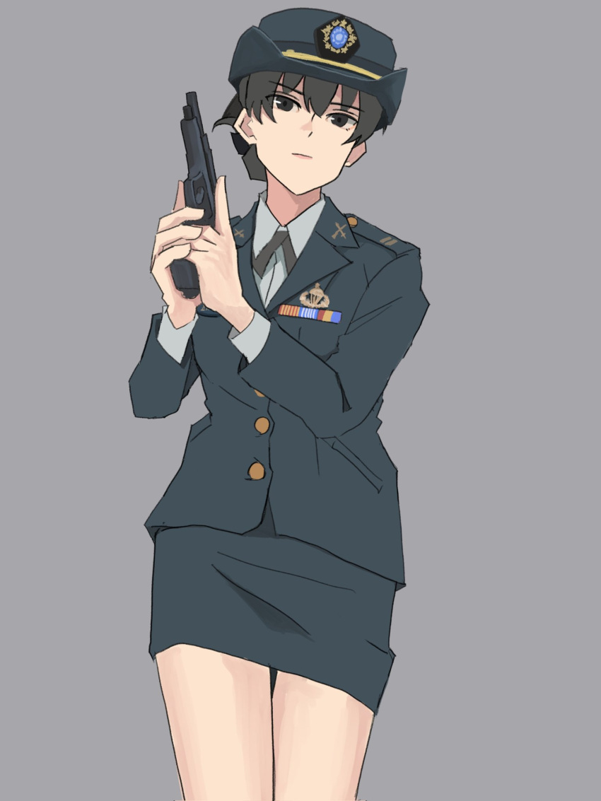 1girl black_bow black_eyes black_hair bow bowtie gun hat highres jacket long_sleeves military military_hat military_uniform original perfect_han ribbon_bar shirt short_hair simple_background skirt solo uniform weapon