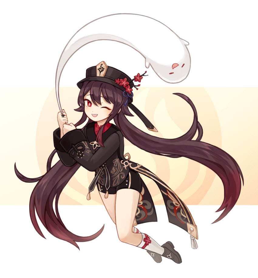 1girl :d bangs brown_hair chinese_clothes coattails flower flower-shaped_pupils genshin_impact ghost hat hat_flower highres holding hu_tao_(genshin_impact) jacket loafers long_hair long_sleeves low_twintails meeako one_eye_closed open_mouth plum_blossoms porkpie_hat red_eyes shoes shorts smile socks solo symbol-shaped_pupils talisman twintails very_long_hair