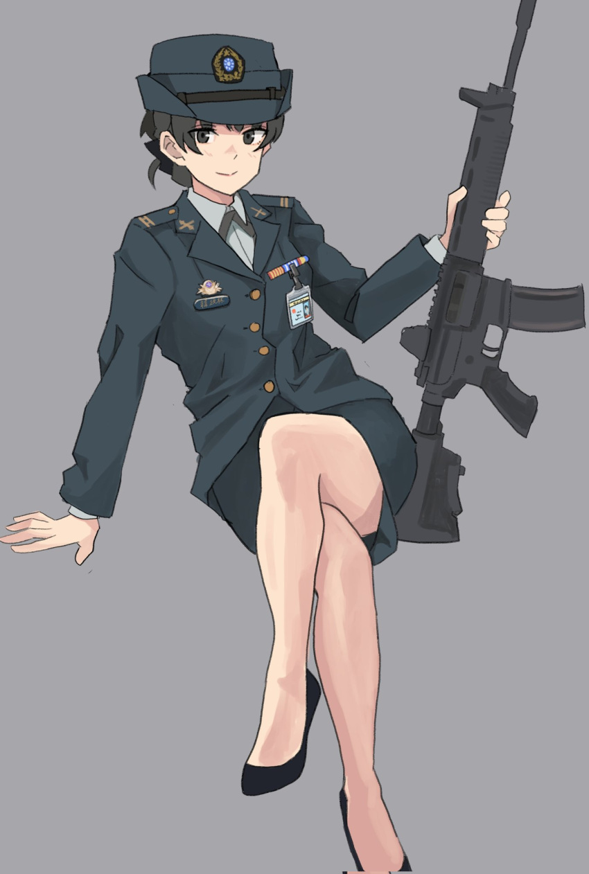 1girl assault_rifle black_eyes black_footwear black_hair black_jacket black_skirt closed_mouth collared_shirt crossed_legs grey_background gun h&amp;k_hk416 hair_bun hat highres holding holding_gun holding_weapon id_card invisible_chair jacket long_sleeves looking_at_viewer military military_hat military_uniform original perfect_han rifle shirt simple_background single_hair_bun sitting skirt smile solo uniform weapon