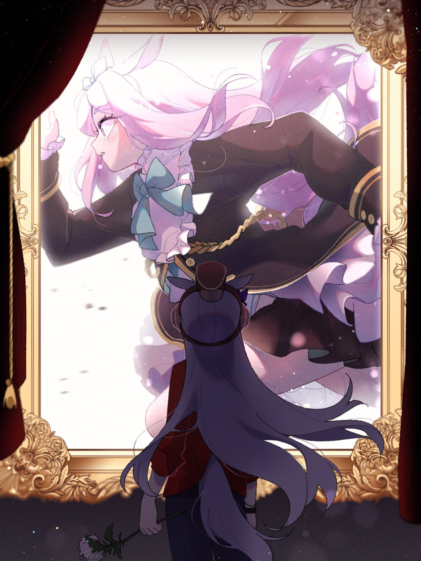 1girl animal_ears aqua_bow aqua_bowtie black_coat bow bowtie casual coat commentary curtains ear_bow flower frilled_coat frilled_sleeves frills from_behind from_side ggubii0225 gold_ship_(umamusume) gold_trim headgear highres holding holding_flower horse_ears horse_girl horse_tail korean_commentary light_particles long_hair long_sleeves looking_up mejiro_mcqueen_(umamusume) official_alternate_costume pillbox_hat portrait_(object) purple_bow purple_hair running short_eyebrows solo tail thick_eyebrows umamusume violet_eyes white_flower