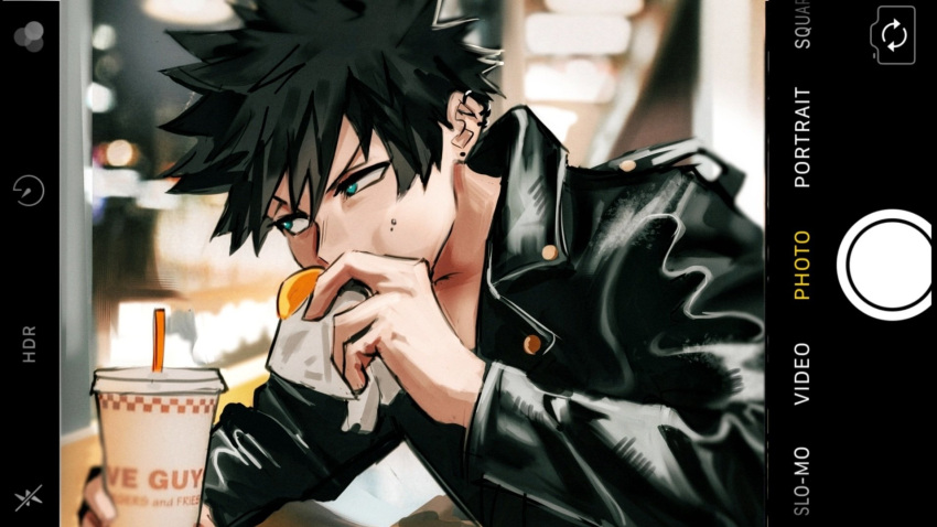 1boy black_hair blue_eyes boku_no_hero_academia burger cellphone commentary dabi_(boku_no_hero_academia) drink drinking_straw ear_piercing earrings eating english_commentary five_guys_burgers_and_fries food highres holding holding_drink holding_food iphone jacket jewelry leather leather_jacket male_focus phone piercing sharl0ck smartphone solo spiky_hair stud_earrings user_interface