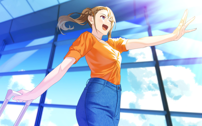 1girl :d absurdres blue_pants blurry blurry_background brown_hair cowboy_shot hair_ornament hairclip hand_up highres indoors long_hair luggage orange_shirt original outstretched_hand pants ponytail shirt smile solo standing tapiokaesi