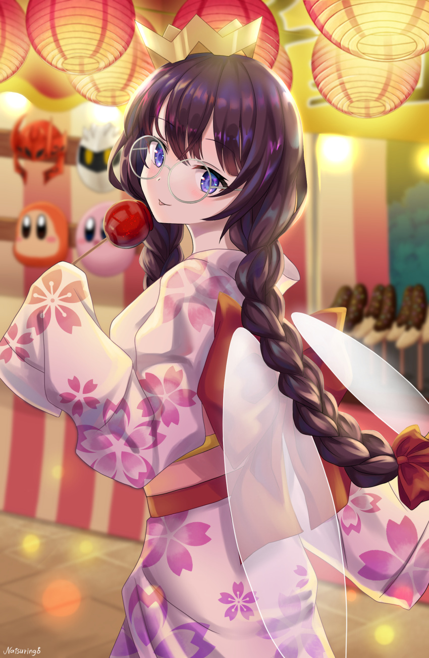 1girl black_hair blue_eyes braid candy_apple chocolate_banana crown fairy_wings floral_print food glasses highres japanese_clothes kimono kirby kirby_(series) kirby_64 lantern long_hair mask meta_knight morpho_knight natsuring0 paper_lantern personification pink_kimono red_sash ripple_star_queen sash smile summer_festival tongue tongue_out twin_braids twintails waddle_dee wings yukata