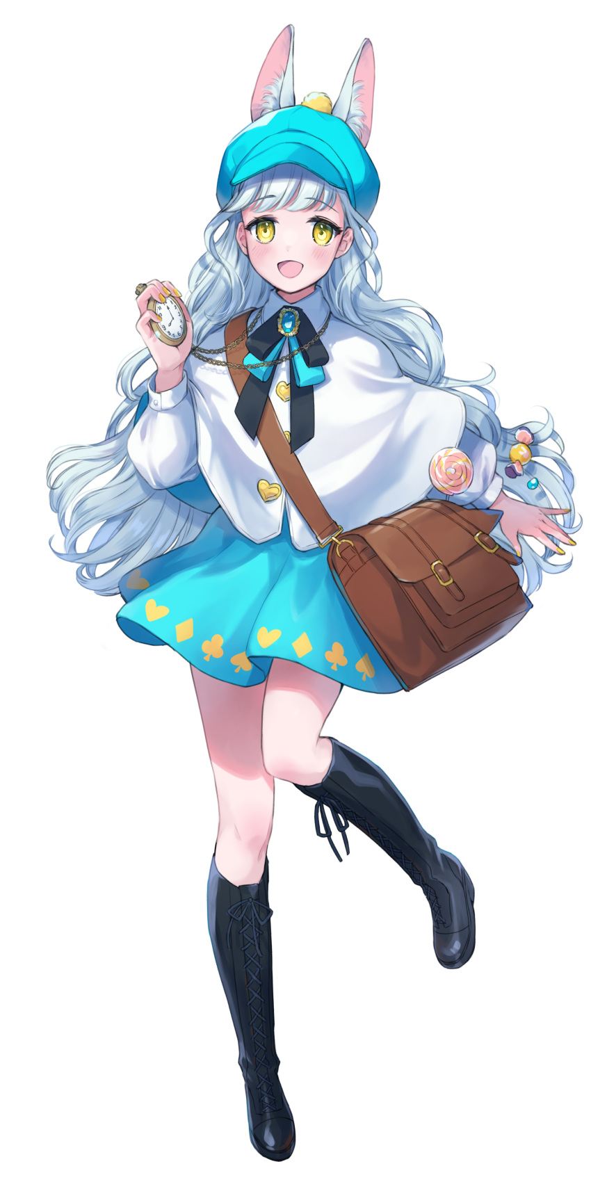 1girl :d absurdres animal_ear_fluff animal_ears bag black_bow black_bowtie black_footwear blue_bow blue_bowtie blue_headwear blue_skirt blush boots bow bowtie capelet clock floating_hair full_body highres holding indie_virtual_youtuber knee_boots long_hair long_sleeves looking_at_viewer miniskirt open_mouth rabbit_ears sahara1127 simple_background skirt smile solo standing very_long_hair virtual_youtuber white_background white_capelet white_hair white_sleeves yellow_eyes