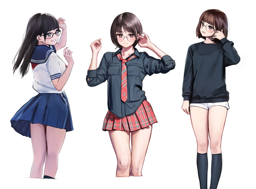 3girls bangs black_shirt black_socks black_sweater blue_sailor_collar blue_skirt blunt_bangs bob_cut breast_pocket brown_hair collarbone collared_shirt commentary cropped_legs deadnooodles feet_out_of_frame glasses grey_background grin highres kneehighs long_hair long_sleeves looking_at_another miniskirt multiple_girls necktie original plaid plaid_necktie plaid_skirt pleated_skirt pocket red_necktie red_skirt round_eyewear sailor_collar shiny shiny_hair shirt short_hair short_sleeves shorts simple_background skirt smile socks sweater symbol-only_commentary teeth white_background white_shirt white_shorts