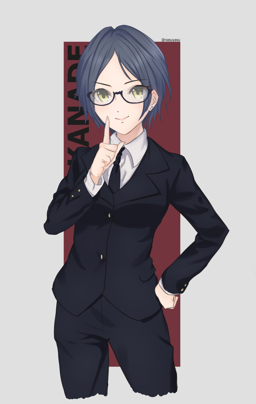 1girl absurdres bangs black-framed_eyewear black_hair black_jacket black_necktie black_pants closed_mouth collared_shirt cropped_legs earrings formal glasses hand_on_hip hayami_kanade highres idolmaster idolmaster_cinderella_girls idolmaster_cinderella_girls_starlight_stage jacket jewelry long_sleeves nasuyasu necktie pant_suit pants parted_bangs shiny shiny_hair shirt short_hair smile solo standing suit white_shirt wing_collar yellow_eyes