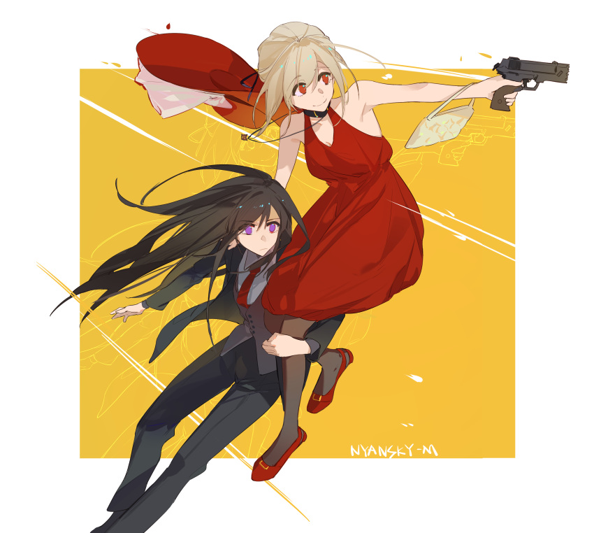 2girls absurdres aiming bag bare_shoulders black_collar black_hair black_jacket black_pants black_pantyhose blonde_hair bow collar commentary dress formal gun handbag handgun hat hat_bow hat_removed headwear_removed highres holding holding_gun holding_weapon inoue_takina jacket jewelry long_hair long_sleeves looking_to_the_side lycoris_recoil multiple_girls necklace necktie nishikigi_chisato nyansky official_alternate_costume pants pantyhose red_dress red_eyes red_footwear red_necktie short_hair sleeveless sleeveless_dress smile suit violet_eyes weapon