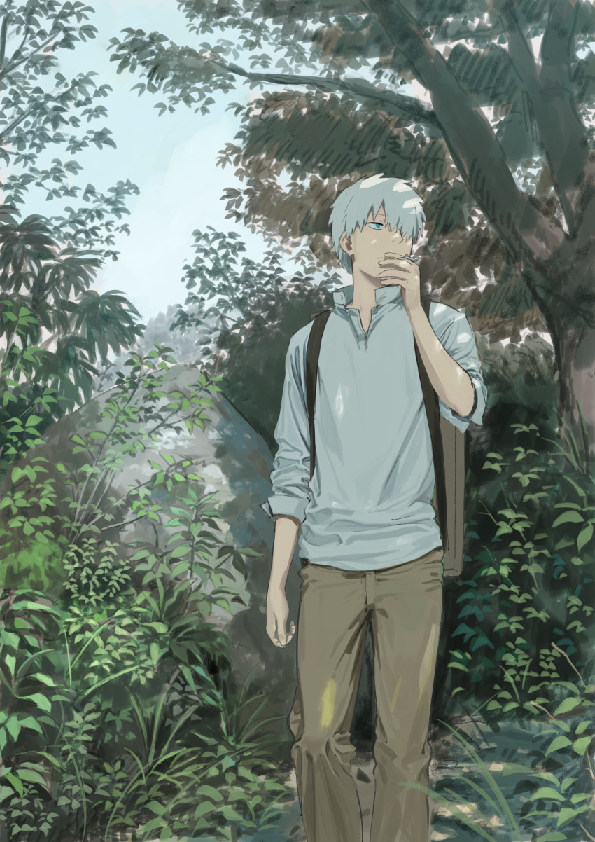 1boy backpack bag brown_pants cigarette collared_shirt commentary day dress_shirt forest ginko grass green_eyes hair_over_one_eye highres long_sleeves looking_to_the_side male_focus mushishi nature one_eye_covered pants popped_collar scenery shirt short_hair smoking solo tree walking wasabi60 white_hair white_shirt