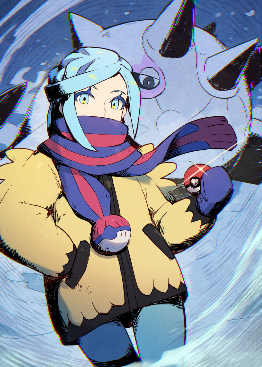 1boy blue_eyes blue_hair cetitan chromatic_aberration commentary eyelashes glint grusha_(pokemon) hand_in_pocket highres holding holding_poke_ball jacket kuroi_susumu long_sleeves looking_at_viewer male_focus pants poke_ball poke_ball_(basic) poke_ball_print pokemon pokemon_(creature) pokemon_(game) pokemon_sv scarf scarf_over_mouth solo yellow_jacket