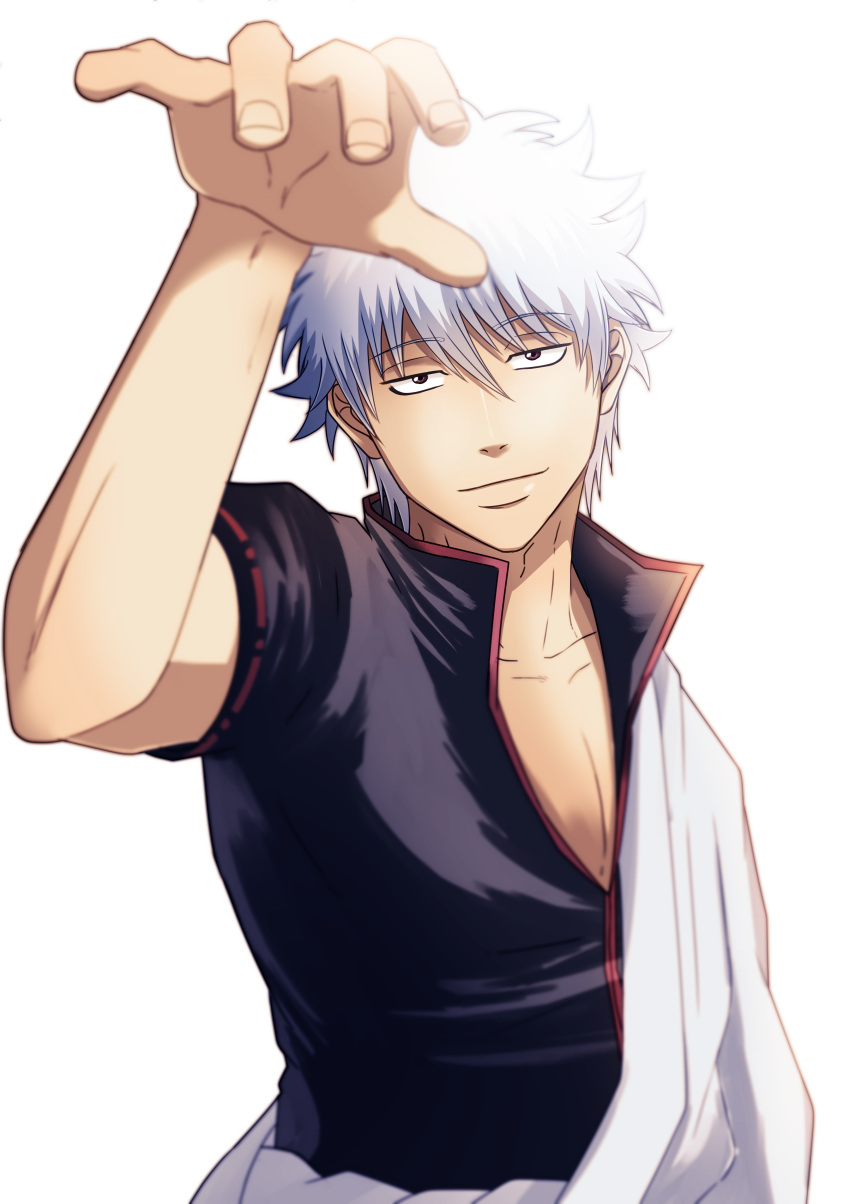 1boy absurdres black_shirt closed_mouth collarbone dress_shirt gintama highres kmakumaan looking_at_viewer male_focus sakata_gintoki shiny shiny_hair shirt short_hair short_sleeves simple_background smile solo upper_body white_background white_hair