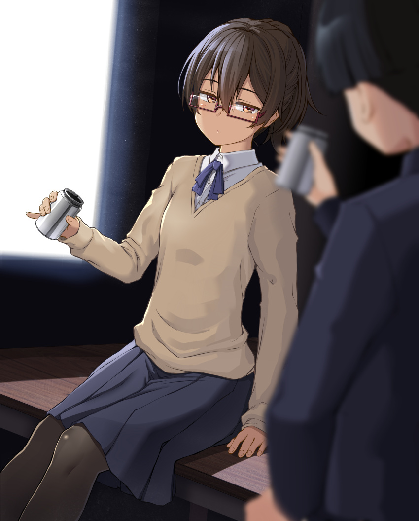 1boy 1girl absurdres bangs black_hair black_pantyhose blue_bow blue_bowtie blush bow bowtie breasts brown_cardigan brown_eyes brown_hair cardigan closed_mouth commentary_request cup expressionless feet_out_of_frame glasses grey_skirt hair_between_eyes highres holding holding_cup kitsunerider looking_at_another original pantyhose pleated_skirt ponytail rectangular_eyewear red-framed_eyewear semi-rimless_eyewear shirt short_hair sitting skirt small_breasts solo_focus tabe_ayumu under-rim_eyewear white_shirt