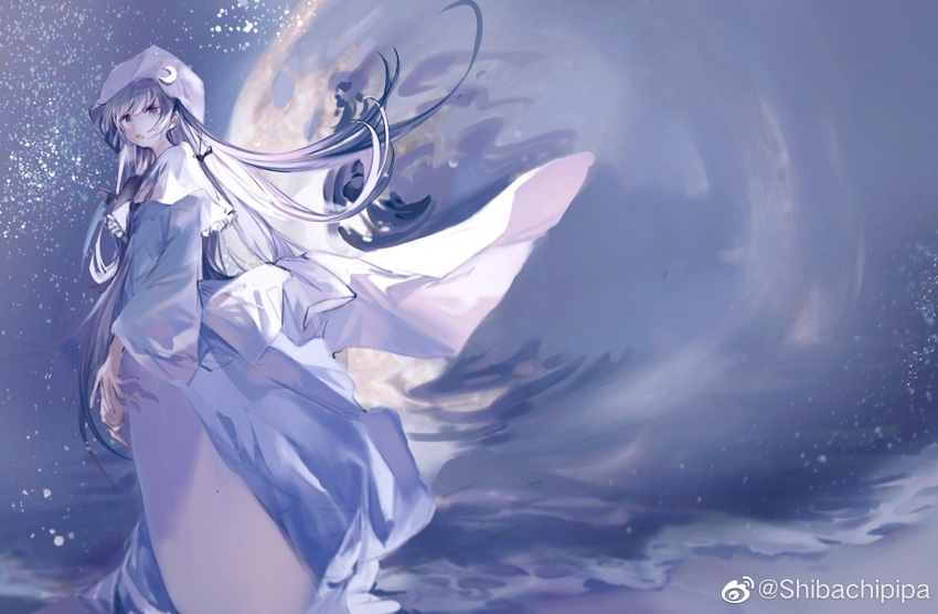 1girl :o adapted_costume capelet chinese_commentary commentary crescent crescent_hat_ornament dress floating_hair from_side full_body full_moon hat hat_ornament highres koumajou_densetsu long_hair long_sleeves looking_at_viewer looking_to_the_side moon open_mouth patchouli_knowledge purple_dress purple_hair purple_headwear shibachipipa solo touhou very_long_hair violet_eyes water weibo_logo weibo_username white_capelet wide_sleeves