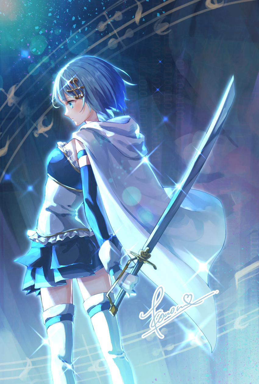1girl blue_eyes blue_hair blue_skirt cape closed_mouth commentary_request elbow_gloves feet_out_of_frame from_side gloves hair_ornament highres holding holding_sword holding_weapon ko_(kono_mi) magical_girl mahou_shoujo_madoka_magica miki_sayaka musical_note musical_note_hair_ornament short_hair signature skirt solo sparkle standing sword thigh-highs weapon white_cape white_gloves white_thighhighs zettai_ryouiki