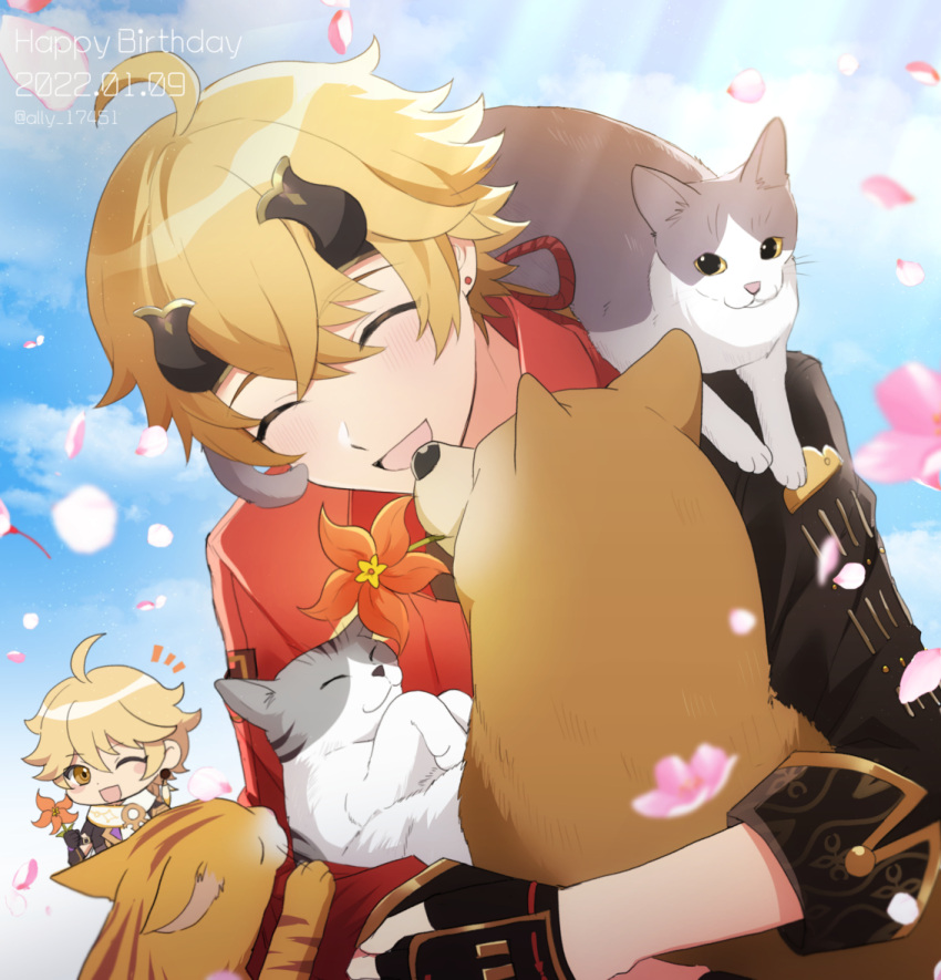 2boys :d ^_^ aether_(genshin_impact) ahoge animal ari_(bleum) artist_name bangs black_gloves blonde_hair blue_sky blush blush_stickers cat cherry_blossoms chibi closed_eyes clouds commentary_request dated day dog earrings fake_horns falling_petals fingerless_gloves flower genshin_impact gloves hair_between_eyes hair_ornament happy_birthday headband horned_headwear horns jacket jewelry long_hair male_focus multiple_boys notice_lines one_eye_closed open_mouth orange_flower outdoors petals red_jacket rope scarf shiba_inu sidelocks sky sleeves_rolled_up smile solo_focus stud_earrings thoma_(genshin_impact) twitter_username upper_body white_scarf windwheel_aster_(genshin_impact) yellow_eyes