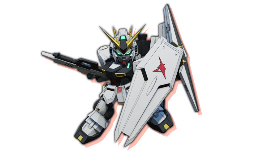 absurdres bandai_namco_entertainment char's_counterattack fin_funnels from_above green_eyes gundam highres looking_ahead mecha mobile_suit no_humans nu_gundam official_art portrait science_fiction sd_gundam_battle_alliance shield solo v-fin