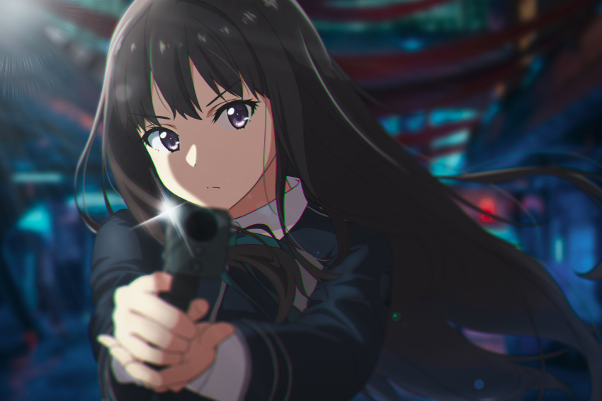 1girl aiming aiming_at_viewer black_hair black_jacket closed_mouth collared_shirt commentary_request green_ribbon gun handgun highres holding holding_gun holding_weapon inoue_takina jacket long_hair long_sleeves lycoris_recoil lycoris_uniform neck_ribbon ribbon serious shirt solo taka-chan upper_body violet_eyes weapon white_background