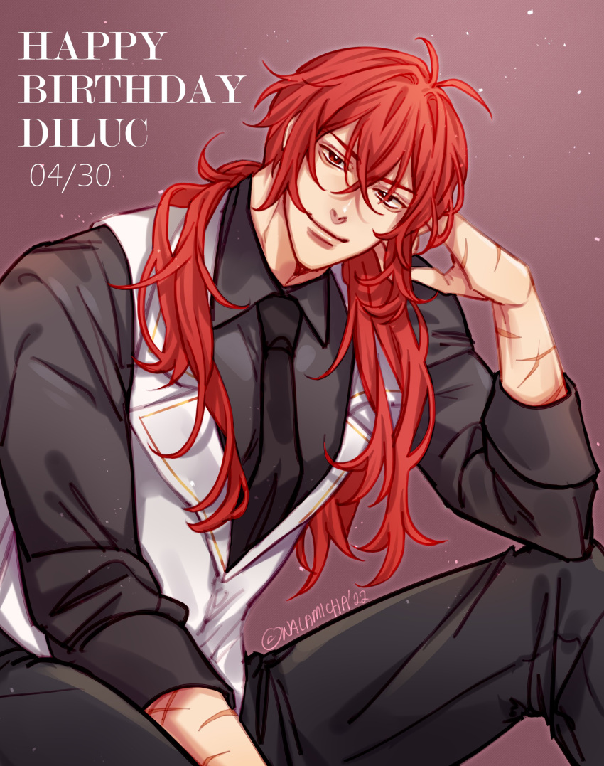 1boy absurdres artist_name collared_shirt diluc_(genshin_impact) feet_out_of_frame genshin_impact hand_on_own_face happy_birthday highres long_hair looking_at_viewer male_focus mature_male nalamicha necktie pants red_background red_eyes redhead scar scar_on_hand shirt signature simple_background smile solo text_focus