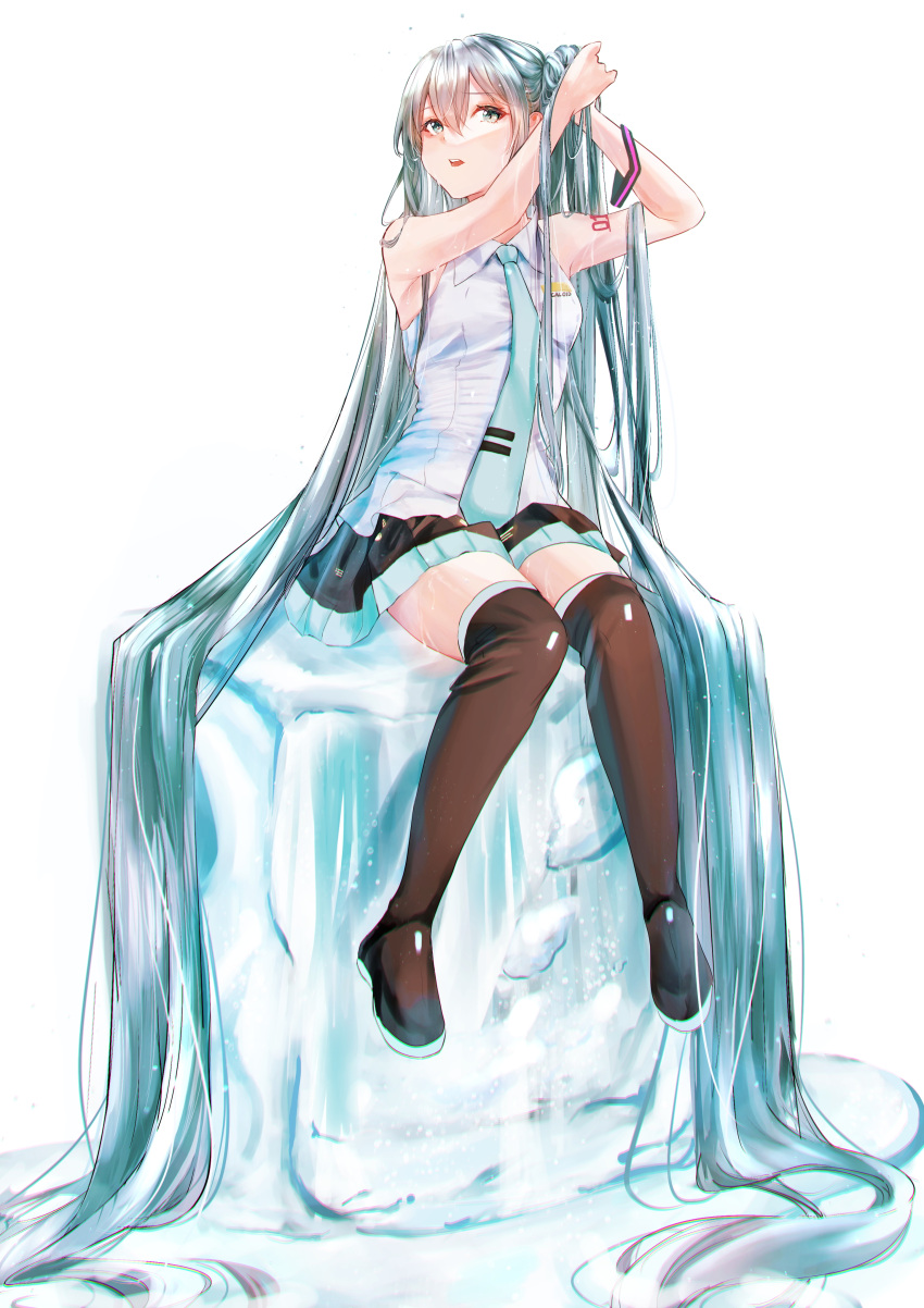 1girl absurdly_long_hair absurdres arm_tattoo bangs bare_arms black_footwear black_skirt blue_eyes blue_hair boots collared_shirt floating_hair full_body hair_between_eyes hatsune_miku highres long_hair looking_at_viewer miniskirt number_tattoo open_mouth pleated_skirt shirt simple_background sitting skirt sleeveless sleeveless_shirt solo tattoo thigh_boots twintails tying_hair utane_(vtcv3227) very_long_hair vocaloid white_background white_shirt wing_collar zettai_ryouiki