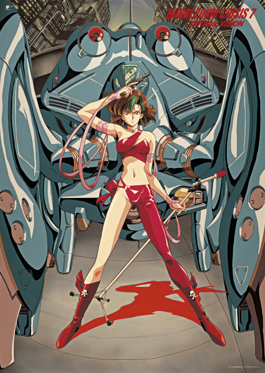 1980s_(style) 1girl absurdres arm_up artist_request asymmetrical_clothes brown_hair bubblegum_crisis city copyright_name earrings facing_viewer green_hair gun handgun highres holding holding_gun holding_weapon jewelry legs_apart looking_at_viewer mecha microphone microphone_stand multicolored_hair navel non-web_source outdoors reika_chang retro_artstyle revolver ribbon robot scan single_pantsleg skull_and_crossbones solo standing two-tone_hair vision_(bubblegum_crisis) weapon