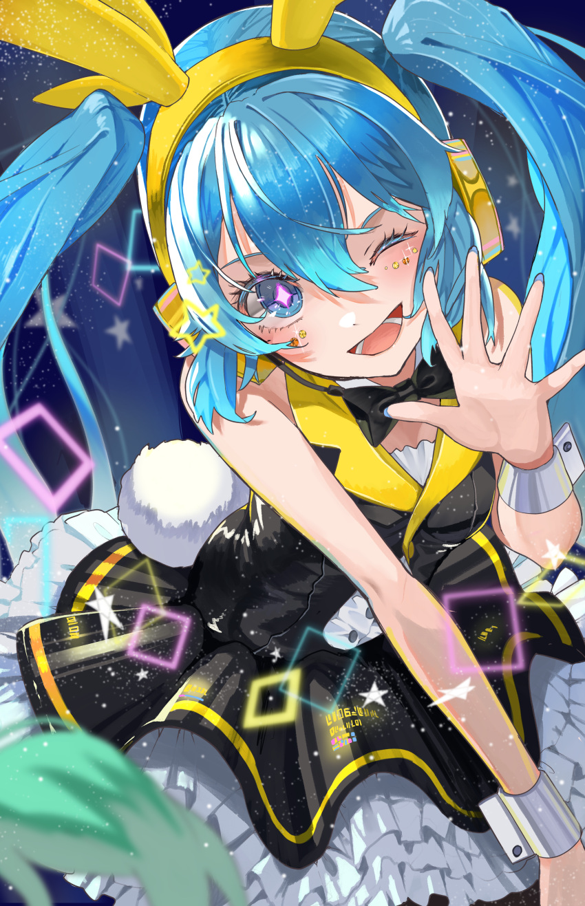 absurdres alternate_costume animal_ears aqua_eyes aqua_hair aqua_nails bare_shoulders black_bow black_bowtie black_dress bow bowtie diamond-shaped_pupils diamond_(shape) dress facepaint facial_mark fake_animal_ears fingernails from_above hair_between_eyes hatsune_miku headphones headset highres layered_skirt long_fingernails looking_at_viewer microphone nwds3248 one_eye_closed open_mouth pink_pupils playboy_bunny rabbit_ears shiny shiny_clothes skirt sleeveless smile symbol-shaped_pupils twintails vocaloid waving wrist_cuffs