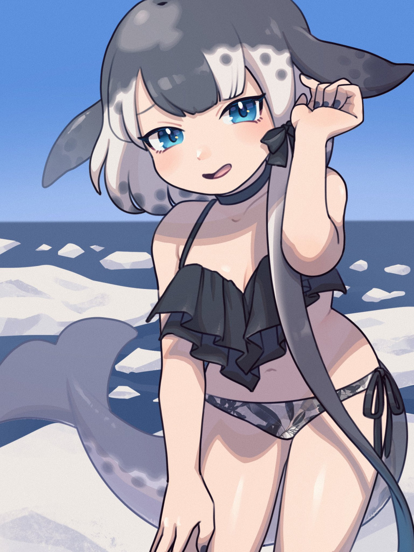 1girl adjusting_hair alternate_costume an-chan_(ananna0315) bare_arms bare_legs bare_shoulders bikini blue_choker blue_eyes blue_nails blush bow cetacean_tail choker commentary_request grey_hair grey_swimsuit hair_bow highres kemono_friends looking_at_viewer midriff multicolored_hair nail_polish narwhal_(kemono_friends) navel short_hair short_hair_with_long_locks solo swimsuit