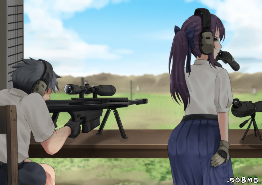 1boy 1girl 50bmg absurdres artist_name ass bipod black_bow black_gloves black_headband black_panties black_shorts blue_skirt blush bow brown_gloves casing_ejection earmuffs firing gloves gun hair_bow headband highres holster lace lace_panties looking_to_the_side muzzle_brake muzzle_flash original panties ponytail purple_hair scope shell_casing shirt shooting_range shorts skirt spotting_scope thigh_holster thighs tripod underwear weapon weapon_request white_shirt wind wind_lift wooden_chair