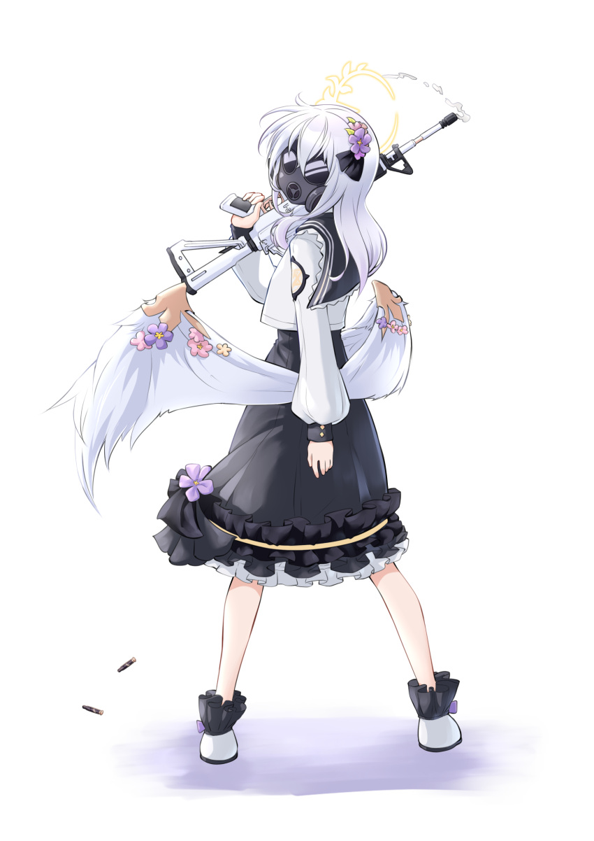 1girl azusa_(blue_archive) blue_archive blush commentary_request floral_background flower gas_mask grey_eyes hair_between_eyes hair_flower hair_ornament halo highres jiwon_(sj1) long_hair mask rose school_uniform skirt skirt_hold smile solo weapon white_background white_hair wings