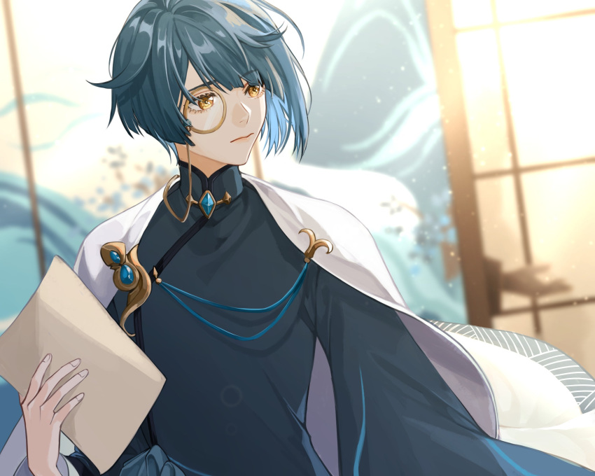 1boy aoi_no_okina_(genshin_impact) asymmetrical_hair bangs blue_coat blue_hair blue_ribbon blunt_bangs blurry blurry_background cape chinese_clothes closed_mouth coat commentary crescent_(cgcrescent) expressionless eyelashes folding_screen genshin_impact hand_up highres holding holding_paper indoors light_particles long_sleeves looking_away male_focus monocle paper parted_bangs ribbon short_hair shouji sidelocks sliding_doors solo upper_body white_cape wide_sleeves xingqiu_(genshin_impact) yellow_eyes