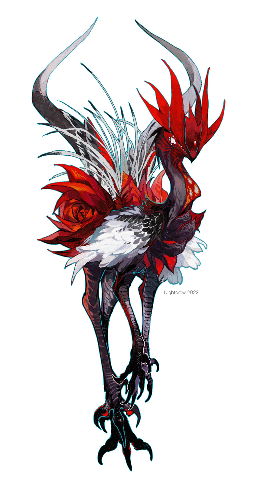 absurdres artist_name beak bird_wings chinese_commentary commentary_request feathered_wings from_side full_body highres monster multiple_tails nightcrow no_eyes no_humans original simple_background solo spikes standing tail talons two_tails white_background wings