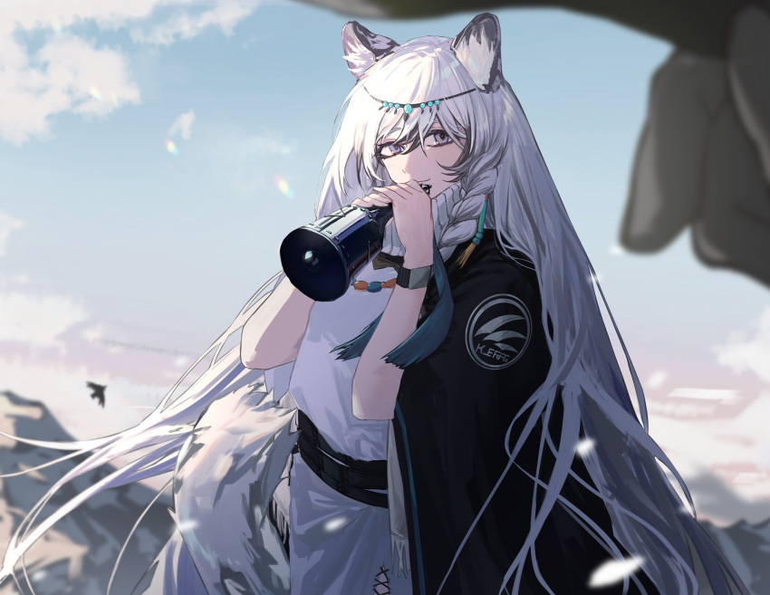 1girl animal_ears arknights bead_necklace beads bell bird black_coat blue_sky braid circlet closed_mouth clouds cloudy_sky coat coat_on_shoulders commentary cowboy_shot day earrings eyelashes grey_eyes grey_hair highres hjm_matsukasa holding holding_bell jewelry leopard_ears leopard_tail long_hair looking_at_viewer mountain multicolored_hair necklace outdoors pov pramanix_(arknights) sky smile solo_focus standing sweater tail tassel tassel_earrings turtleneck turtleneck_sweater twin_braids two-tone_hair very_long_hair white_hair white_sweater