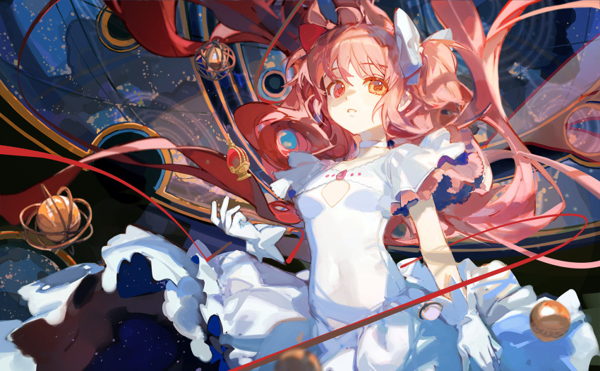 1girl ahoge ball bangs blue_background bow breasts choker ciloranko closed_mouth dress gloves hair_between_eyes hair_bow hand_up heterochromia highres kaname_madoka long_hair looking_at_viewer mahou_shoujo_madoka_magica medium_breasts orange_eyes pink_eyes pink_hair red_bow short_sleeves solo standing teeth twintails white_bow white_choker white_dress white_gloves