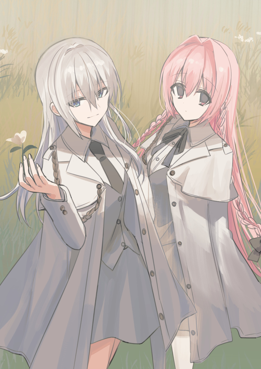 2girls bangs black_bow black_necktie black_ribbon blue_eyes bow braid chihuri closed_mouth collared_shirt commentary_request day dress_shirt flower grass grey_hair grey_skirt grey_vest hair_between_eyes hair_bow hair_intakes hand_up highres jacket long_hair long_sleeves looking_at_viewer multiple_girls neck_ribbon necktie open_clothes open_jacket original outdoors pink_hair red_eyes ribbon shirt skirt smile standing twin_braids very_long_hair vest white_flower white_jacket white_shirt