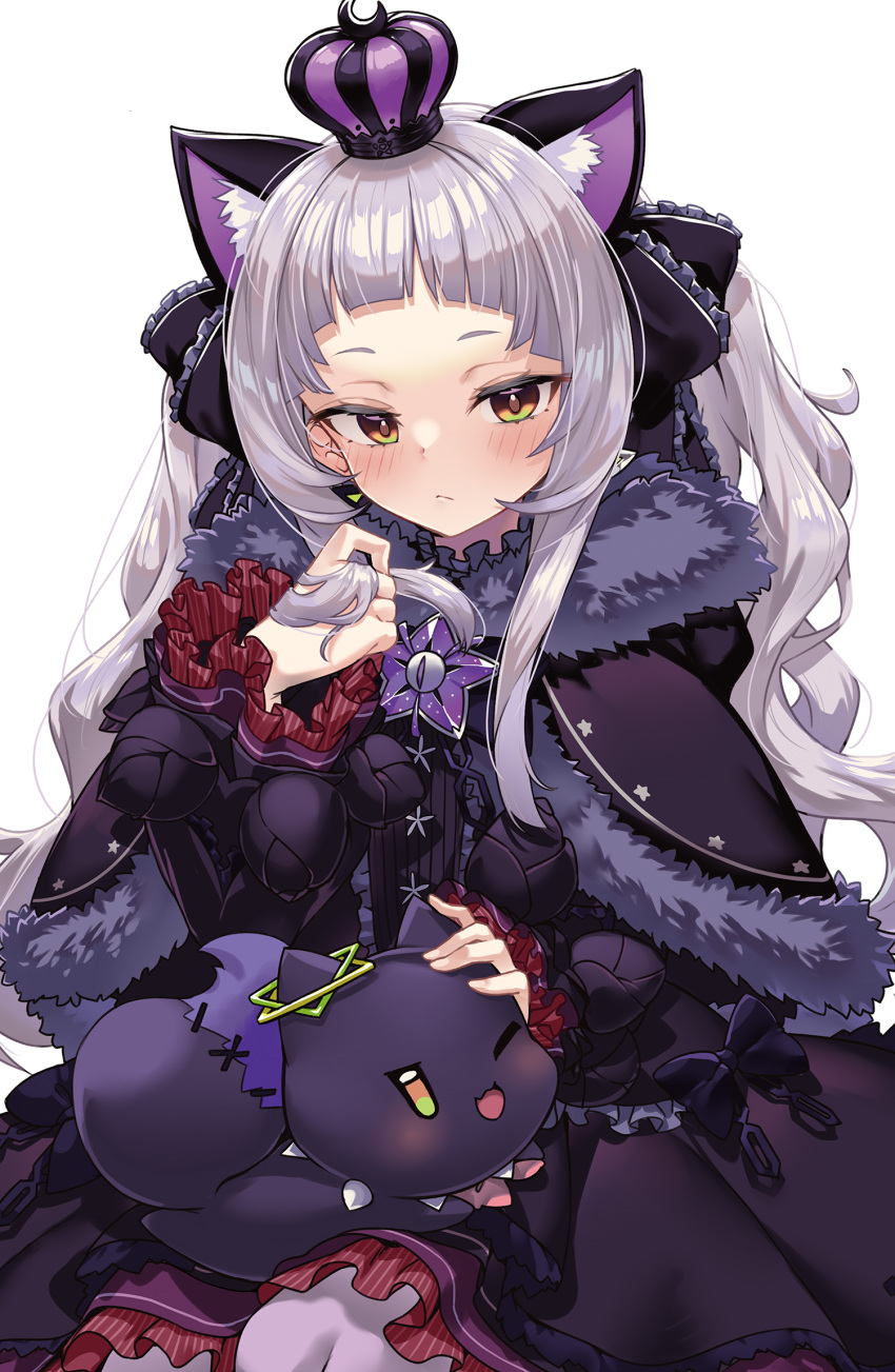 1girl animal_ear_fluff animal_ears animal_on_lap bangs blush brown_eyes capelet cat_ears closed_mouth crown dress extra_ears frilled_ribbon frilled_sleeves frills fur-trimmed_capelet fur_trim grey_hair hair_ribbon hand_up highres hololive ivan_wang long_hair long_sleeves looking_at_viewer mini_crown murasaki_shion on_lap petting purple_capelet purple_dress purple_ribbon ribbon shiokko_(murasaki_shion) simple_background solo virtual_youtuber white_background